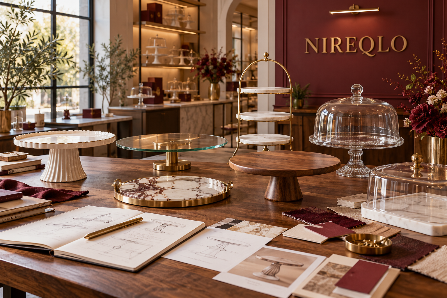 Nireqlo dessert presentation studio with cake stands, serving trays, glass domes and design sketches